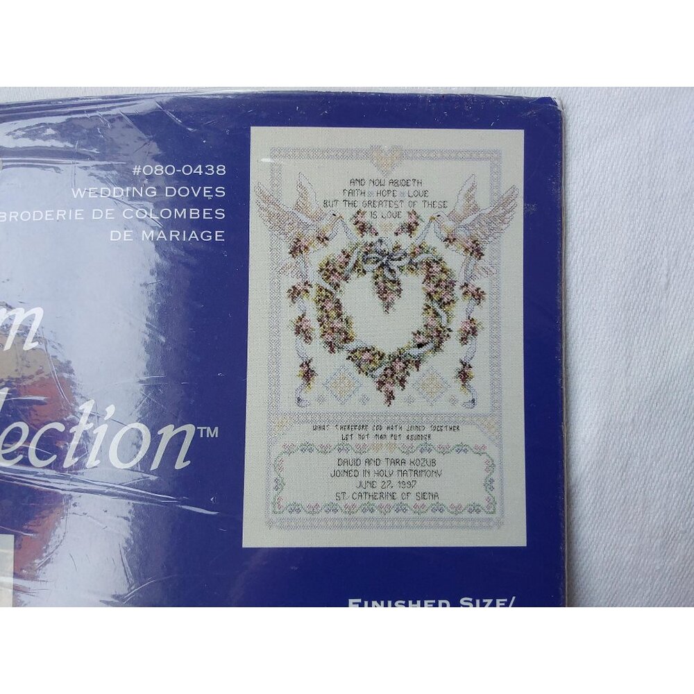 Janlynn cross-stitch Wedding Doves kit unopened wreath heart flowers ribbons